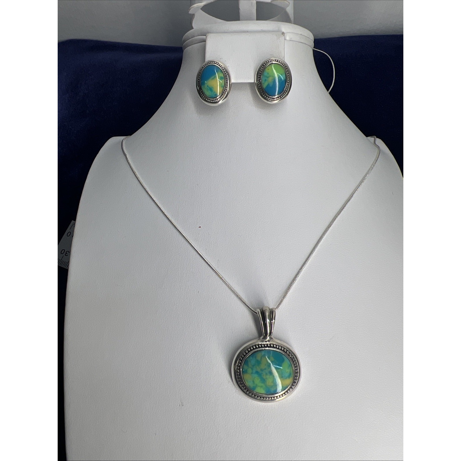 Mexico 925 Sterling Oval Marbled Stone Pendant 29"Necklace & Earrings